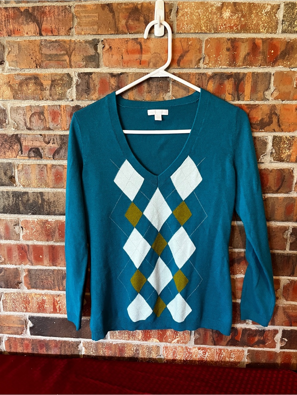 New York & Company Argyle Sweater Teal V Neck Knit Long Sleeve Y2K Size:M